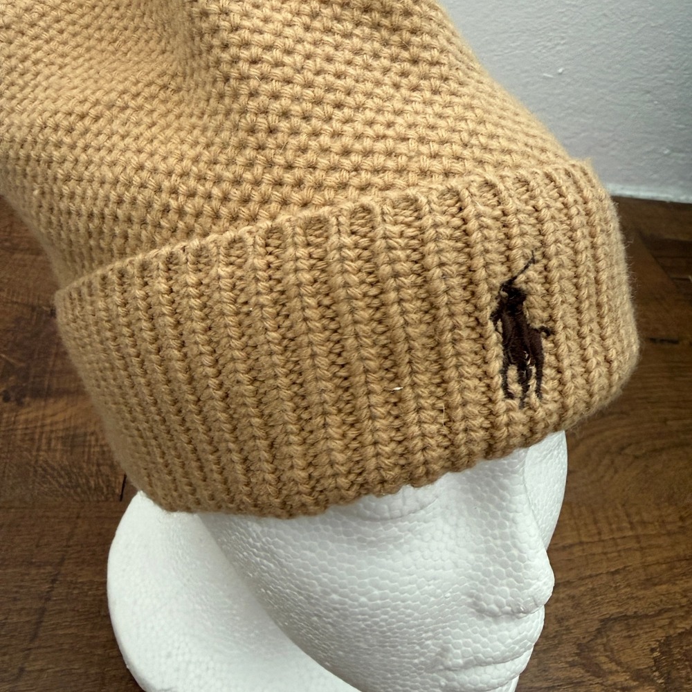 Polo Ralph Lauren Beanie Men One Size Tan Wool Blend Waffle Knit Pony Logo